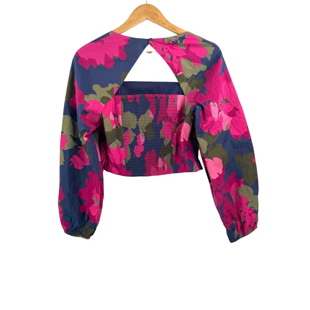 Banana Republic Crop Croset Top sz S Pink Floral Puff Sleeve Open Back boho